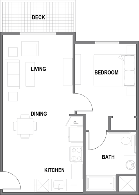 The Bluffs at 44th 1 bedroom 1 bath 745-810sf A floor plan of a house with labeled rooms including a kitchen, living room, dining room, bedroom, and bathroom.